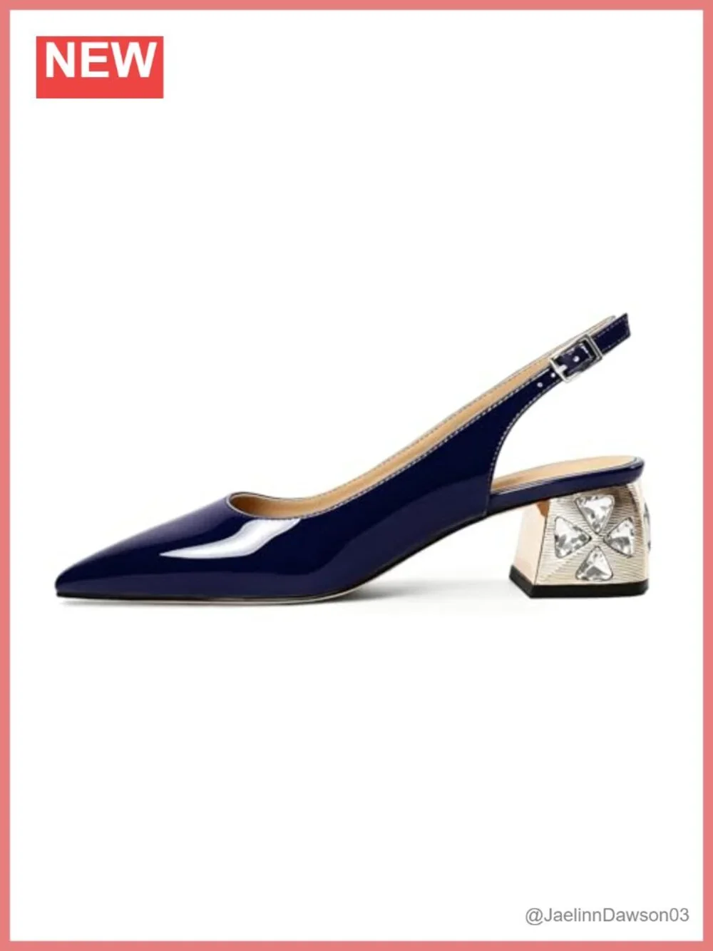 Womens Chunky Block Heel Slingback Pumps Pointed Toe Rhinestone Comfortable 2in